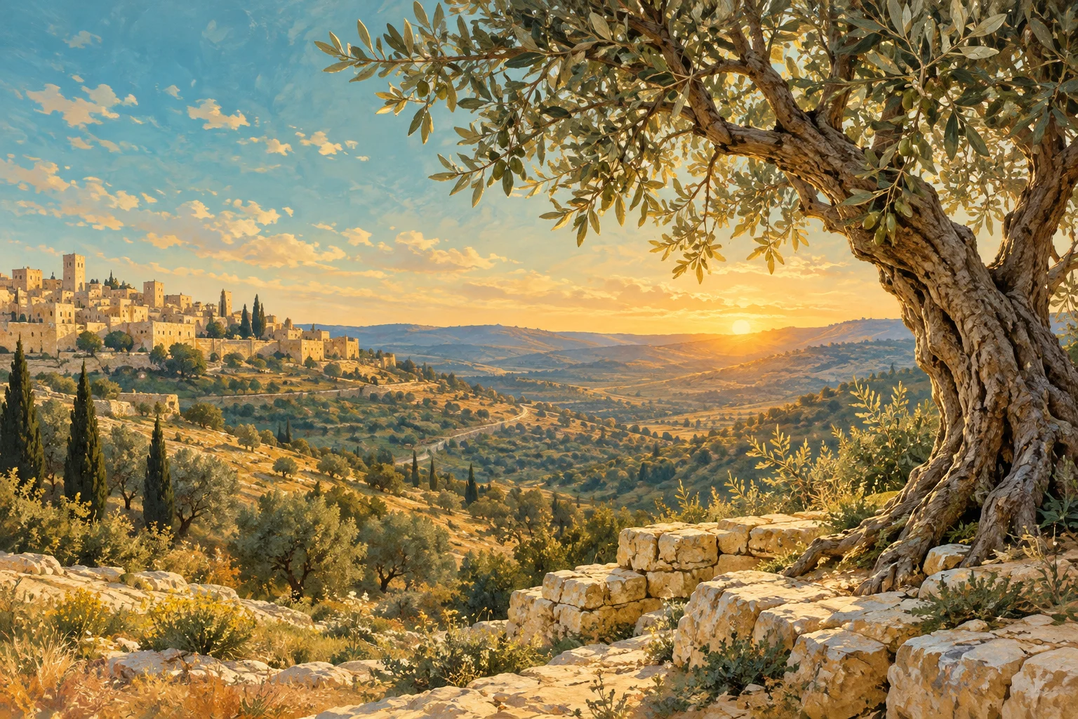 Ein alter Olivenbaum, goldene Hügel und helle Häuser im Abendlicht — eine gemalte Landschaft voller Wärme und Ruhe.